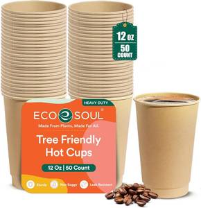 lot 251608 image: ECO SOUL 50 Pack 12 oz Disposable Coffee Cups Eco-Friendly, Biodegradable, Compostable, Leak-free & Sturdy To Go Hot Drink Travel Bagasse Cup for Tea, Chocolate, Party, Picnic & Cafe, Office & Home