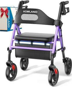 lot 351753 image: HOMLAND Foldable Rollator Walkers with Seat for Seniors, 8 Big Wheels, 350 lb. Weight Capacity, Adjustable Handles and Seat Height, Lightweight Rolling Walker, Purple