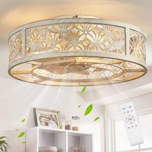 lot 351768 image: SHLUCE 18 Caged Ceiling Fan with Light, Small Flush Mount Fandelier Ceiling Fans with Lights and Remote, Rustic Low Profile Bladeless Ceiling Fan with Light for Bedroom, Kitchen, White Gold - ETL