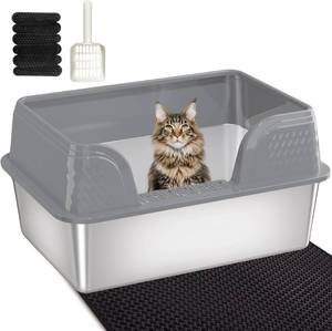 lot 351781 image: Stainless Steel Litter Box XL 23.6 x 15.7 x 12, Metal Litter Box with Lid - Extra Large Space with High Sides for Big Cats, Side Entry, Leak-Proof, Anti-Splashing, Grey