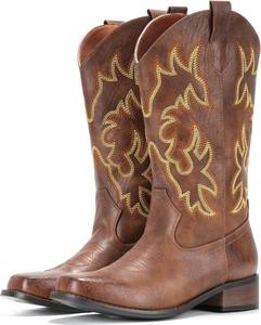 lot 452140 image: IUV Cowboy Boots For Women Square Toe Black Wide Cowgirl Mid Calf Western Pull On Fashion Brown Cowboy Boots