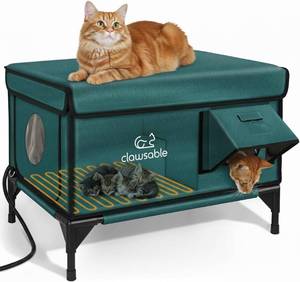 lot 452142 image: Retails for $190 Indestructible Heated Cat House for Outside Winter, 100% Waterproof, Safe Escape Door, Insulated Outdoor Cat Shelter with Heater for Feral Barn Cat Kitty (Forest Green, 27x17x18)