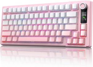 lot 452158 image: MOKURU Wireless Mechanical Keyboard, Three Mode BT2.4GUSB-C, RGB Switching, 75% Key Layout, Volume Adjustment knob, Hot Swappable Shaft Seat, Compatible with Windows, Mac (Pink Gradient)