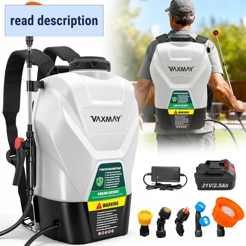 lot 101617 image: VAXMAY Backpack Sprayer 4.2 Gallon Battery Powered, 100 PSI Electric Garden Sprayer Works with Makita 18V Battery, Weed Lawn Yard Sprayer with 42 Telescopic Wand, 5 Nozzles, 2.5Ah Battery & Charger
