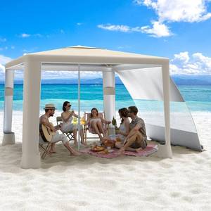 lot 161482 image: Retails for $111 MoKo Beach Cabana, 8 8 Large Beach Canopy with Side Wall, UPF 50 Protection Easy Setup Beach Tent Sun Shelter, Adjustable Height Wind Resistant Cabana Beach Tent for Whole Family, Khaki