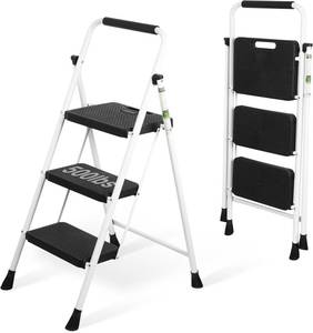 lot 161492 image: Step Ladder, Portable Steel Folding Step Stool with Wide Anti-Slip Pedal & Convenient Handgrip, Sturdy Steel Ladder, 3-Step, White
