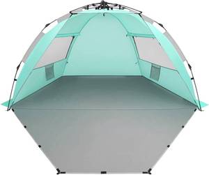 lot 261529 image: Oileus X-Large 4 Person Beach Tent Sun Shelter - Portable Sun Shade Instant Tent for Beach with Carrying Bag, Stakes, 6 Sand Pockets, Anti UV for Fishing Hiking Camping, Waterproof, Light Green