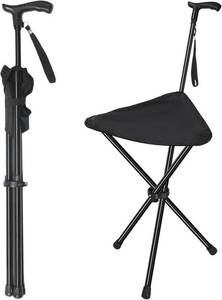 lot 261535 image: Cane with Seat, Adjustable Height 34.2-39.7 Walking Stick with Seats, Cane Chair Capacity 220lbs, Folding Lightweight Portable Stool for Adults Seniors Camping Hiking-Black