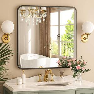 lot 261544 image: 24x24 Black Square Mirror, Bathroom Mirrors for Over Sink, Rectangle Bathroom Vanity Mirror for Wall, Large Modern Metal Frame Shatterproof Rectangular Mirror for Restroom Powder Room Toilet