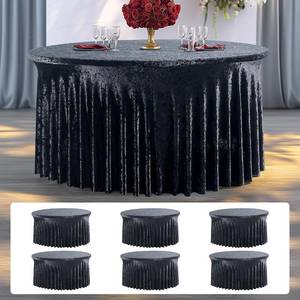 lot 261546 image: Retails for $154 NSSONBEN 6 Pack Black Velvet Round Tablecloth 60 inch, Thick Shiny Velour Stretch Fitted 5ft Round Tablecloths 120 inch, Wrinkle Free Spandex Table Covers with Skirt for Wedding Party Dining Banquet