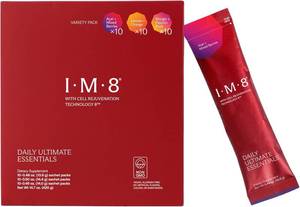 lot 261566 image: IM8 Daily Ultimate Essentials All-in-One Multivitamin Supplement, 92 Nutrient Rich Ingredients CoQ10, Probiotics, Vitamins, Greens, Gluten Free, Vegan (7 Packets, Variety Pack)
