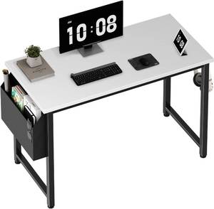 lot 361534 image: Lufeiya Computer Desk White Writing Table for Small Spaces Home Office 39 Inch Modern Study PC Desk with Storage Bag Hook, White Black