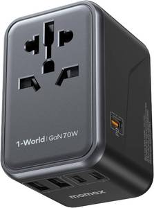 lot 461372 image: MOMAX Universal Travel Adapter 70W GaN, 3 USB-C PD & 2 USB-A QC, International Power Adapter Outlet, 6-in-1 Wall Charger for Laptop, Phone, European Travel Plug Adapter for UKUSAUSJP