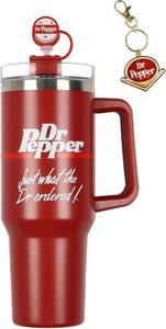 lot 461398 image: Culture Fly Dr Pepper 30-oz Stainless Steel Tumbler Cup Set with Handle Straw Cover Topper Retro Logo Keychain Insulated Travel Mug
