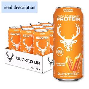 lot 461389 image: Bucked Up Lightly Carbonated Protein Soda  25g Whey Isolate - Zero Sugar, Low Calorie, Caffeine Free, Clean Drink  Sparkling Protein Soda - 12 Pack, 16 oz Cans (Orange Cream)