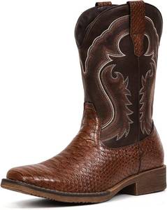 lot 371317 image: IUV Cowboy Boots for Men Faux Snake Skin Embroidered Western Boots Slip Resistant Square Toe Pull on Mid Calf Cowboy Boot