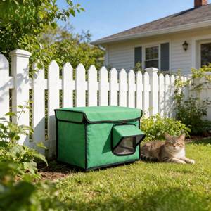 lot 471491 image: Outdoor Cat House, Waterproof Ventilated Pet Shelter with Removable Heating Pad, Weatherproof Feral Cat House for Outside, PVC Door & Sun Protection, Green