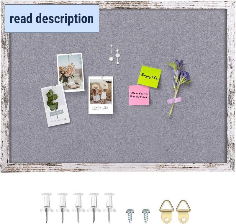 lot 341928 image: Gray Felt Bulletin Board, 35.4x23.6 inches Decorative Hanging Bulletin Boards for Walls with White Rustic Wood Frame, Pin Board Vision Board for Office Home School with Pins (6090,WH,1pc)