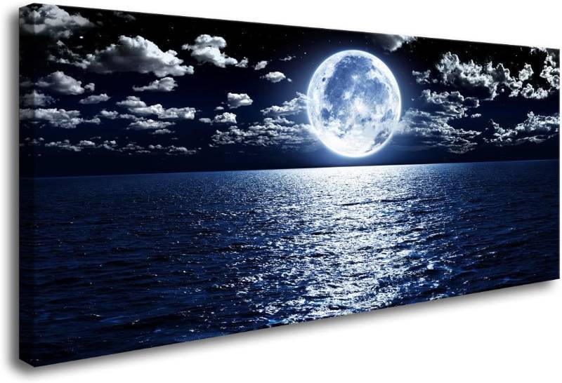 lot 411219 image: Cao Gen Decor Art S06950 Wall Art Canvas Prints Moon Sea Ocean Landscape 1 Panels Full Moon in Cloud Pictures Paintings Stretched and Framed for Living Room Bedroom Kicthen Office Artwork 20x40inch