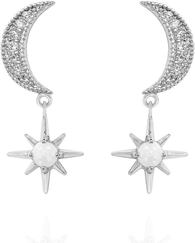 lot 9187244 image: 925 Sterling Silver Cubic Zirconia Dangle Crescent Moon and Star Opal Drop Earrings