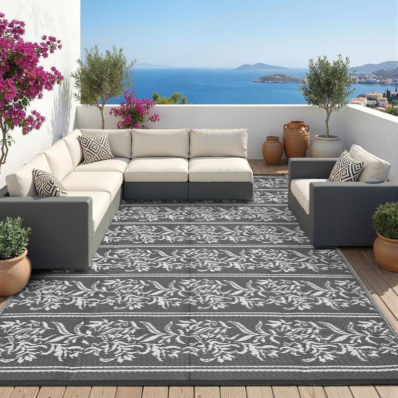 lot 421428 image: Garvee Outdoor Rugs 8x10 Waterproof Reversible Mat Boho Leaf Patio Rug with 4 Stakes and Starage Bag, Large Outdoor RV Mat Rugs for Camping, Picnic, Balcony, Deck, Backyard, Grey & White