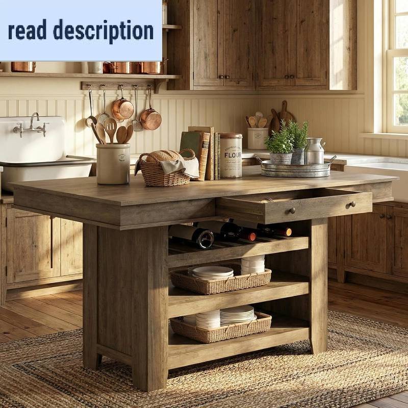 lot 301449 image: Retails for $340 Garvee Counter Height Dining Table with 2 Drawers, 36 Farmhouse Wooden Large Bar Kitchen Table with Wine Rack & 3 Shelves, Rectangular, Thick Frame for Kitchen, Bar & Entertaining, Retro Gray