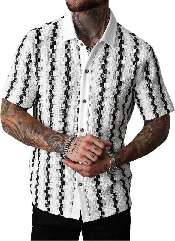 lot 201499 image: SOLY HUX Mens Summer Striped Shirts Casual Button Down Textured Short Sleeve Collared Vintage Beach Shirts