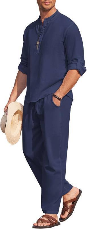 lot 201501 image: COOFANDY Mens 2 Pieces Cotton Linen Set Long Sleeve Henley Shirts Casual Beach Pants With Pockets Summer Yoga Outfits