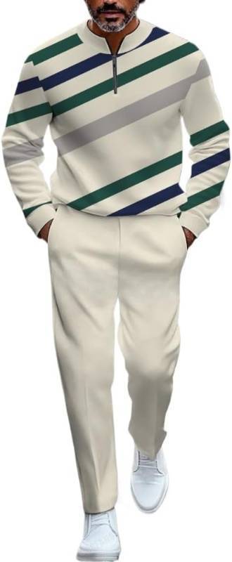 lot 401431 image: Mens street retro polo shirt jogging pants two-piece set, semi-circular collar zipper printed casual set