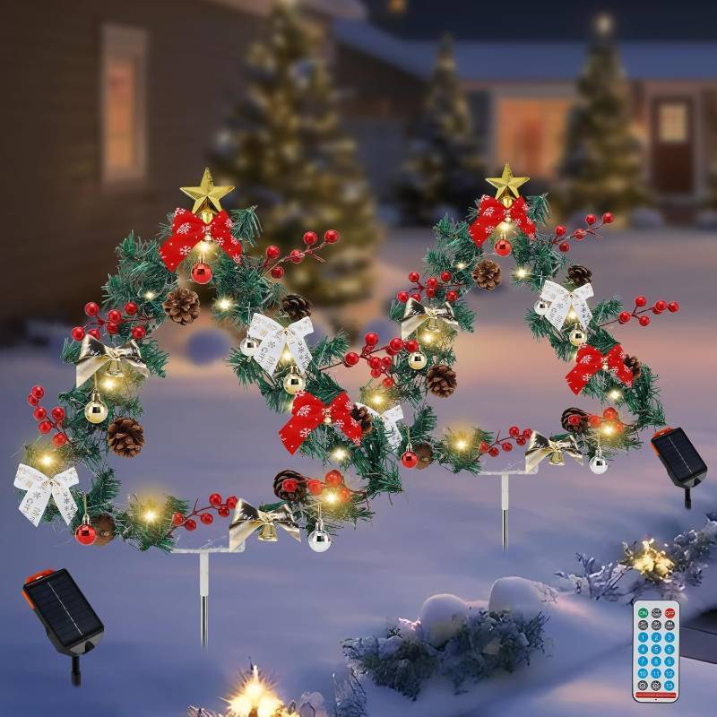 lot 9187268 image: 2 Pack Upgraded Solar Christmas Tree Lights Outside Christmas Decorations 36.5 in 50LED Garden Decorations, 13 Modes Multi-Color Lights for Xmas Holidays Pathway Garden Yard Decor(Warm White)