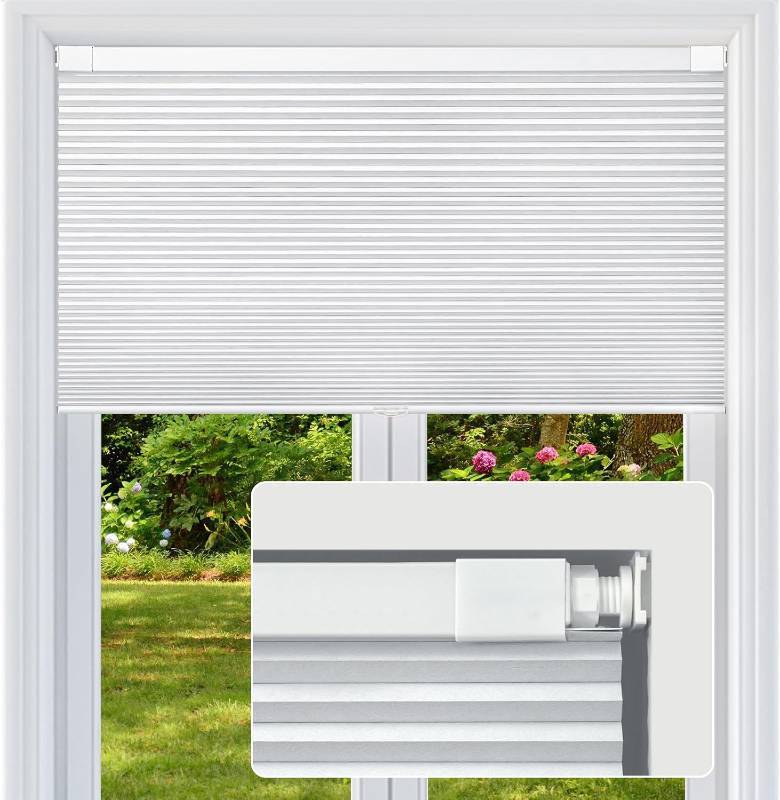 lot 211495 image: Cordless Cellular Shades, No Drill No Tools Honeycomb Window Blinds, Blackout Light Blocking Cellular Shades for Window, Thermal Insulation Blinds, Easy to Install, White 43 W x 64 H