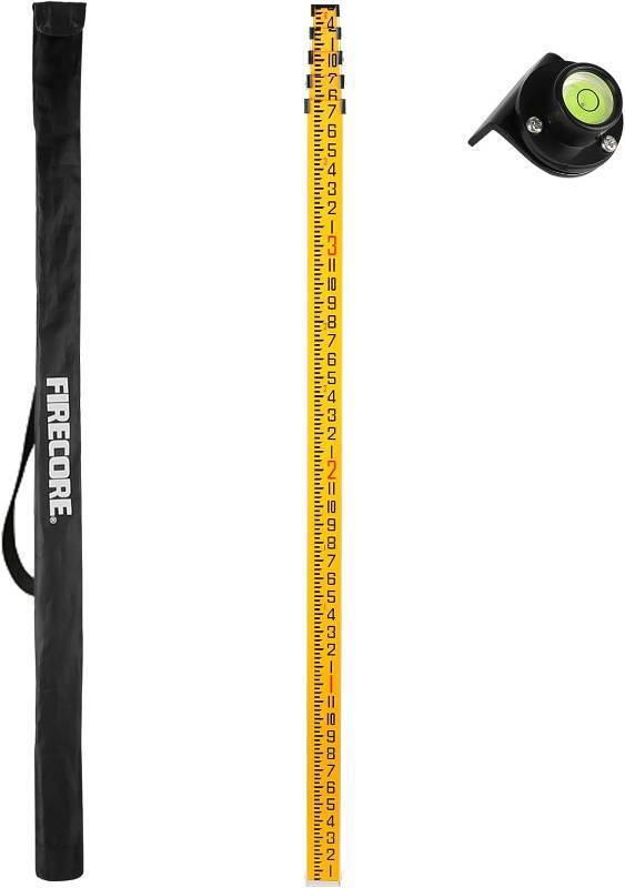 lot 211504 image: Firecore 16-Foot Aluminum Grade Rod - 8ths, 5 Sections Dual Sided Telescoping Leveling Rod with Bubble Level and Carrying Case - FLR500C