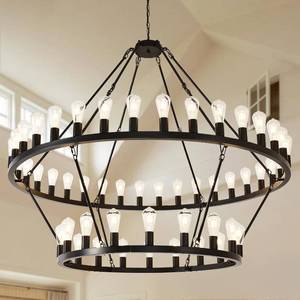 lot 331243 image: Retails for $280 NILSE 60-Inch Black Extra Large Wagon Wheel Chandelier, 2 Tier 54-Light Farmhouse Chandelier for Dining Room, Industrial Round Pendant Light for Foyer Entryway High Ceilings, E26