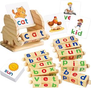 lot 19638 image: ShyLizard Montessori Learning and Educational Toys Gifts for Kids 3 4 5 Years, Wooden Reading Blocks Toys, Learning Activities for Preschool Kindergarten, Turning Rotating Matching Flash Card Games