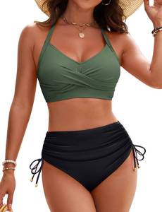 lot 19639 image: Blooming Jelly Womens High Waisted Bikini Sets Drawstring Tummy Control Swimsuits Crisscross Tie Back Bathing Suit Green Black Size Medium