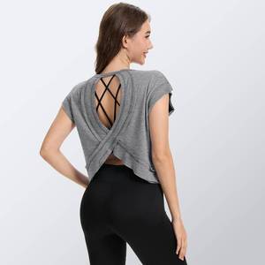 lot 19641 image: 2 Pack Grey and Black Womens Open Back Workout Tops Short Sleeve Backless Athletic Shirts Loose Fit Crop Tops Running Gym Yoga Tee Size Small