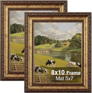 lot 19647 image: Splinterix 8x10 Gold Picture Frame, 2 Pack Ornate Vintage Picture Frames for Wall or Tabletop, 8x 10 Photo Frame Gold with Real Glass, Display Poster 5x7 with Mat or 8x10 without Mat for Antique D co