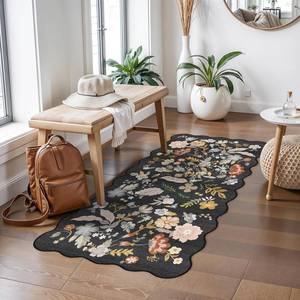 lot 19659 image: 2x4 Rug Washable for Entryway - Non-Slip Scalloped Floral Throw Rug for BathroomBedroom Ultra-Thin Boho Small Runner Stain Resistant Door Mat for KitchenBedside (Black,2x4)