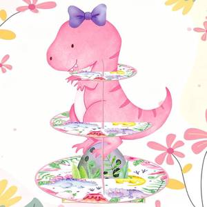 lot 19667 image: Pink Dinosaur Theme Party Cupcake Stand 3-Tier Dinosaur Birthday Party Cake Cupcake Holder Decoration for Girls Dino Theme Birthday Baby Shower Supplies