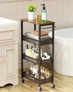 lot 19668 image: OKZEST Utility Slim Storage Cart, 4-Tier Narrow Bathroom Organizer and Storage Cart, Metal Narrow Kitchen Laundry Room Organization Rack with Wood Top, Slim Rolling Shelf with Wheels for Small Space
