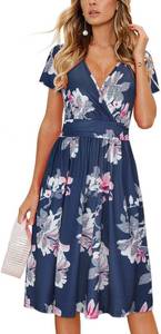 lot 19688 image: OUGES Casual Summer Dress Floral Blue for Women Wrap V Neck A Line Midi Dresses with Pockets Size Large