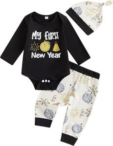 lot 19690 image: My First New Year Baby Boy Outfit Newborn Letter Print Long Sleeve Romper Top Balloon Pants with Hat 3 Piece Sets