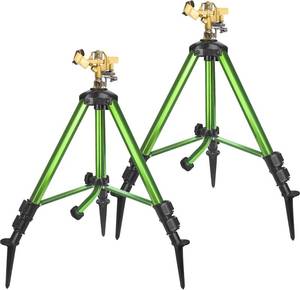 lot 19736 image: Triumpeek 2 Pack Impact Sprinkler on Tripod Base with Stakes, 360 Degree Large Area Coverage Irrigator with Extension Legs, Adjustable Brass Sprinkler Head Nozzle and 34 NH Inlet Hose Connection