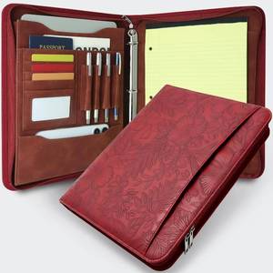lot 19752 image: Western Embossed Faux Leather Zippered Padfolio with 3 Ring Binder, Executive Portfolio Organizer Binder for Women, Fits 13.9 LaptopTablet, Refillable Writing Pad Pocket, Red