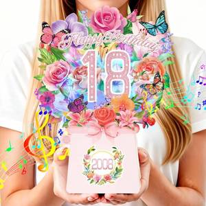 lot 19783 image: 18th Birthday Cards, Light and Music 18 Years Old Happy Birthday Card, Rose Lily Orchid and Butterflies, 10 Inch Forever Flower Bouquet 3D Pop Up 2008 Birthday Gift Card for Women Wife girls Daughter Sister