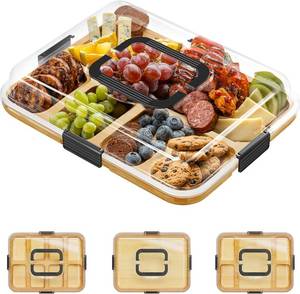 lot 19850 image: SpaceAid Charcuterie Board with Clear Lid, Portable Travel Cheese Cutting Boards for Picnic Accessories, Bamboo Serving Tray with Lids, House Warming Gifts, Black Handles, 8 Compartments