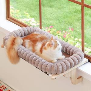 lot 19852 image: Zakkart SnugCloud Cat Window Perch with 4-Sided Bolster - Orthopedic Cat Hammock for Window Sill - Solid Hardwood & Metal Frame - Window Seat for Pets (Natural Color Wood wBrown Bed, Large)