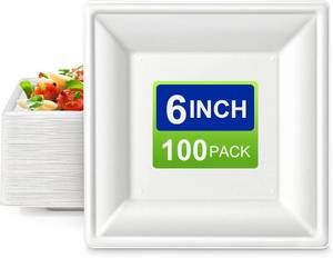 lot 19854 image: Square Paper Plates, 6 inch Paper Plates 100 Pack, Eco Friendly Compostable Dessert Plates, Small Disposable Plates for Party Wedding, White Paper Plates Sturdy