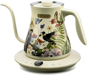 lot 19858 image: INFOOD 0.8L Gooseneck Electric Kettle, Precise Temperature Control for Pour Over Coffee & Tea, 1200W Fast Boiling Water, Auto Shut Off, Scheduling, Stainless Steel, Floral Painted Design