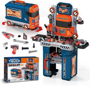 65 Pcs Kids Tool Set, 2-in-1 Kids Tool Box & Bench, Toddler Tool Set with Electric Drill and Power Miter Saw, Workbench for Boys Age 3 4 5 6 7 8 Year Old